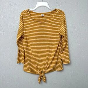 Old Navy Yellow White 3/4 Sleeve Tie Front Blouse